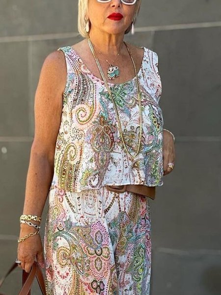 

Casual Ethnic Printing Crew Neck Tank Top, As picture, Tanks and Camis