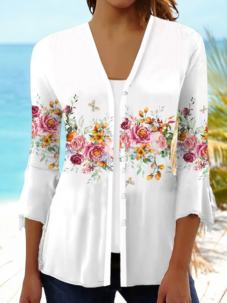 

Women Floral Spring/Fall Cover-up Casual Printing Lightweight Cardigan, White, Cardigans