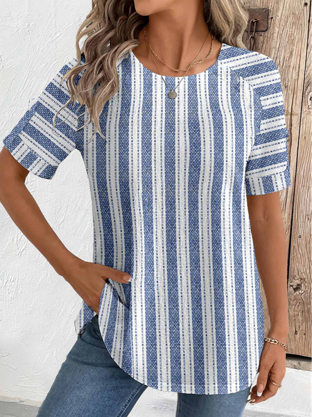 

Casual Striped Crew Neck Short Sleeve T-shirt, Blue, T-shirts