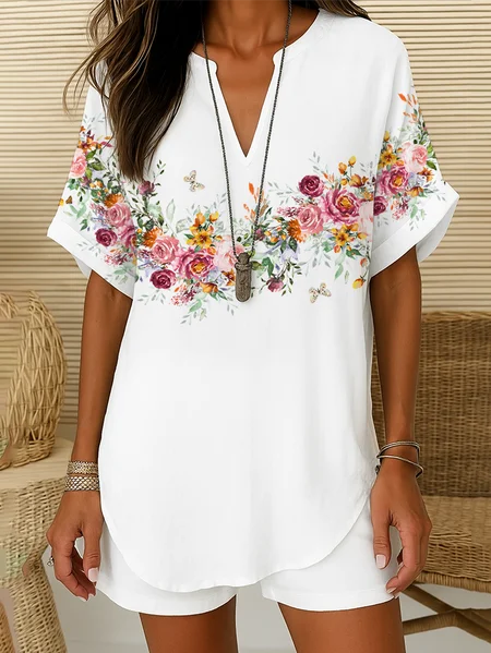 

Women's Floral Print Casual V-Neck Short Sleeve Shirt, White, Blouses & Shirts