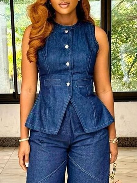 

Casual Plain Crew Neck Denim Vest, Blue, Vests and Gilets