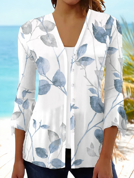 

Women Floral Spring/Fall Cover-up Casual Printing Lightweight Cardigan, White, Cardigans