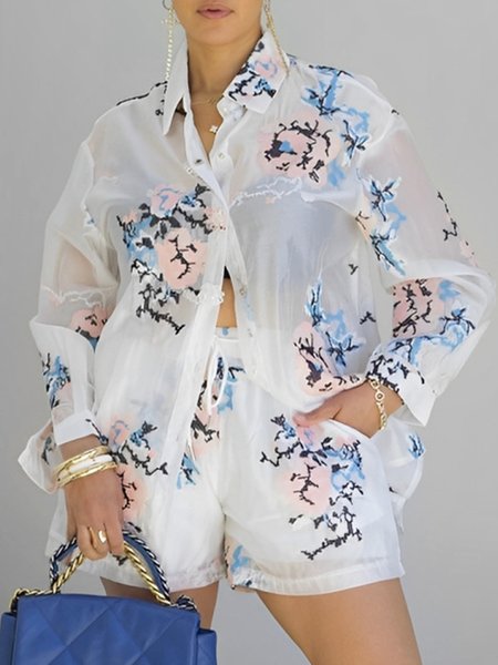 

Urban Floral Printing Shirt Collar Shirt, White, Blouses and Shirts