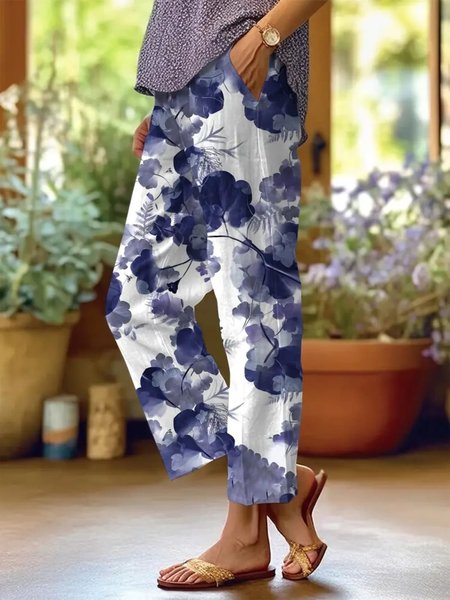 

Casual Cotton Floral Art Print Comfy Long Pants, White, Pants