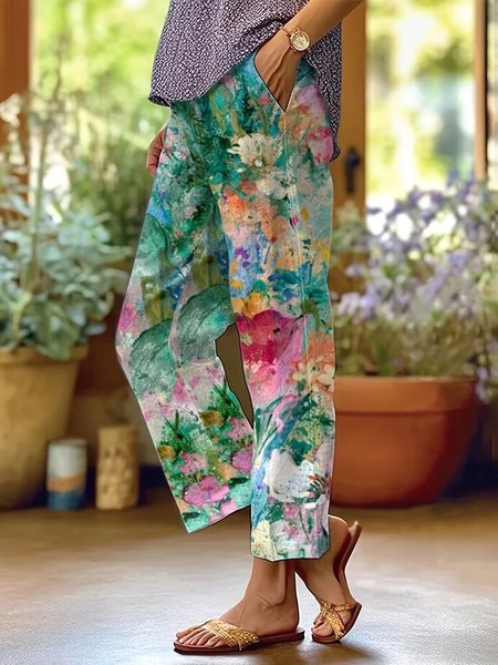 

Casual Cotton Floral Plants Art Print Comfy Long Pants, As picture, Pants