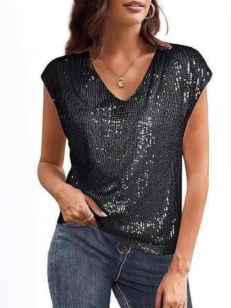 Women Plain Short Sleeve Tee T-shirt V Neck Casual Summer Top, Black, T-Shirts