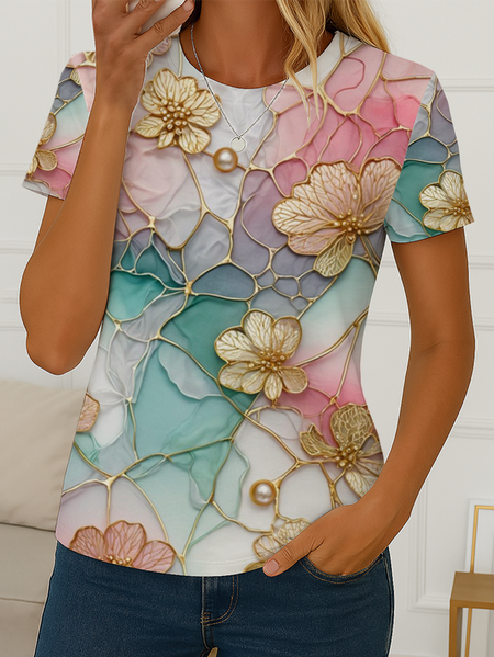 

Women Floral Short Sleeve Tee T-shirt Crew Neck Printing Casual Summer Graphic Tee Top, As picture, T-Shirts
