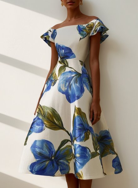 Vacation Floral Printing Off The Shoulder Midi Dress, Blue, Midi Dresses