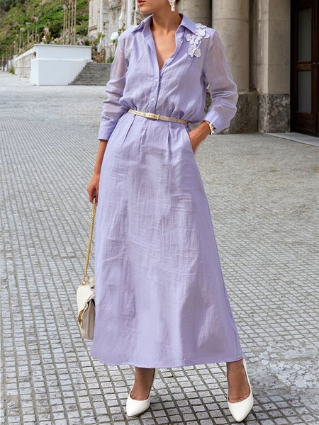 Urban Plain 3D Floral Cotton And Linen Shirt Collar Maxi Dress No Belt, Light purple, Maxi Dresses