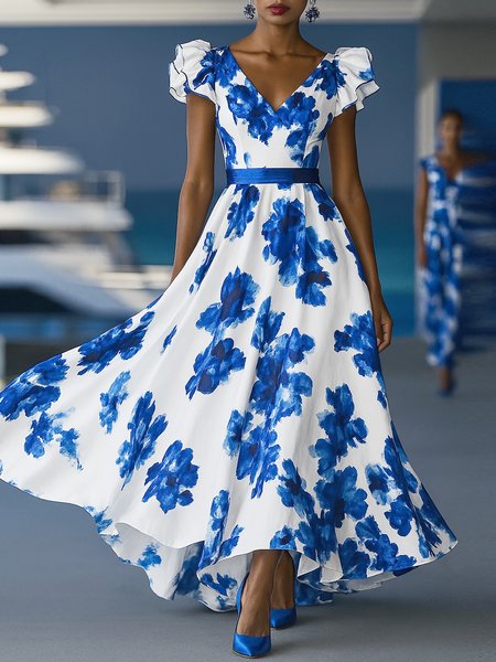 Vacation Floral Printing V Neck Maxi Dress No Belt, Blue, Maxi Dresses