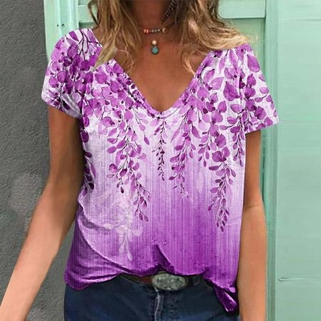 

Casual Floral V Neck Short Sleeve T-shirt, Purplish red, T-shirts