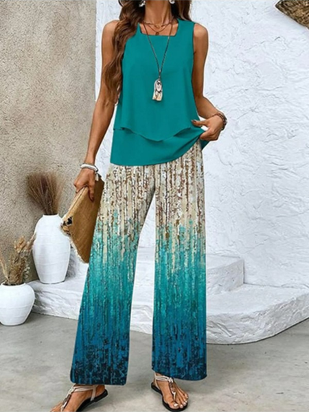 Women Abstract Graphic Crew Neck Sleeveless Comfy Casual Two-Piece Set, Green, Sets