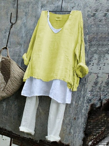 

Women Plain V Neck Vintage Long Sleeve T-shirt, Yellow, Long Sleeves