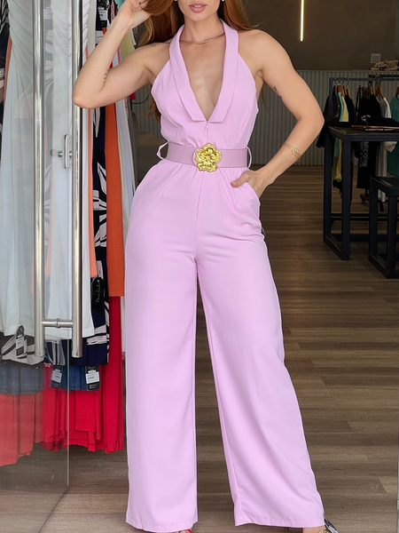 

Urban Backless Plain Halter Jumpsuit With Belt, Pink, Jumpsuits
