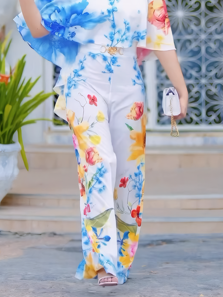 

Vacation Floral Buckle Wide Leg Pants, As picture, Pants