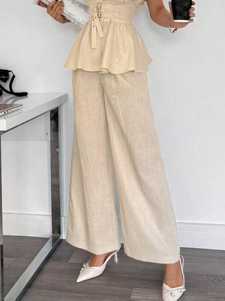 

Cotton And Linen Casual Plain Buttoned Wide Leg Pants, Apricot, Pants