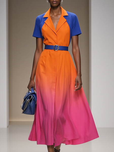 

Elegant Ombre Printing Shirt Collar Midi Dress Belt, As picture, Maxi Dresses