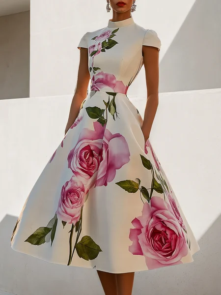 

Elegant Floral Printing Stand Collar Midi Dress, As picture, Midi Dresses
