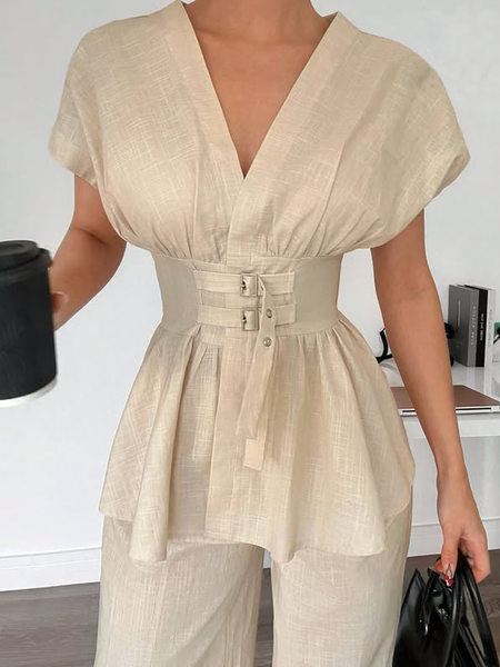 

Cotton And Linen Casual Buckle Plain V Neck Vest, Apricot, Vests and Gilets