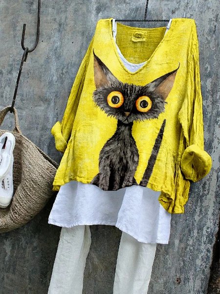 

Vintage Cat V Neck Long Sleeve T-shirt, Yellow, T-shirts