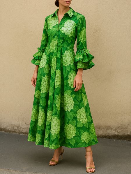 

Elegant Floral Ruffle Sleeve Printing Shirt Collar Maxi Dress, Green, Maxi Dresses