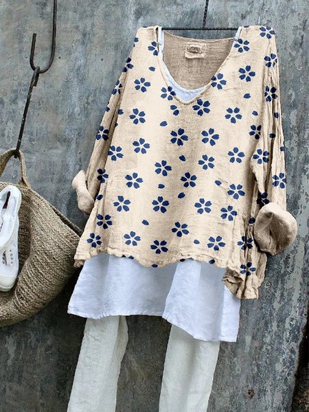

Vintage Floral V Neck Long Sleeve T-shirt, Khaki, T-shirts