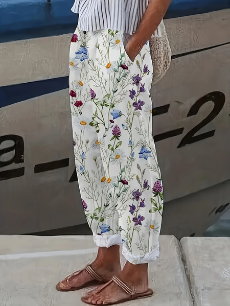 Women Floral Long Pant Casual Spring/Fall Trousers, White, Pants