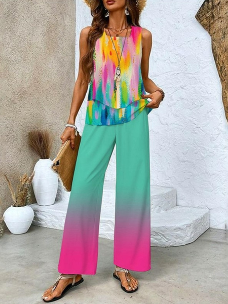 Women Abstract Graphic Crew Neck Sleeveless Comfy Casual Two-Piece Set, As picture, Sets