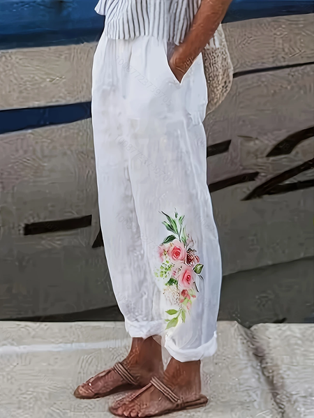 

Women's Floral Print Casual Pants, White, Pants