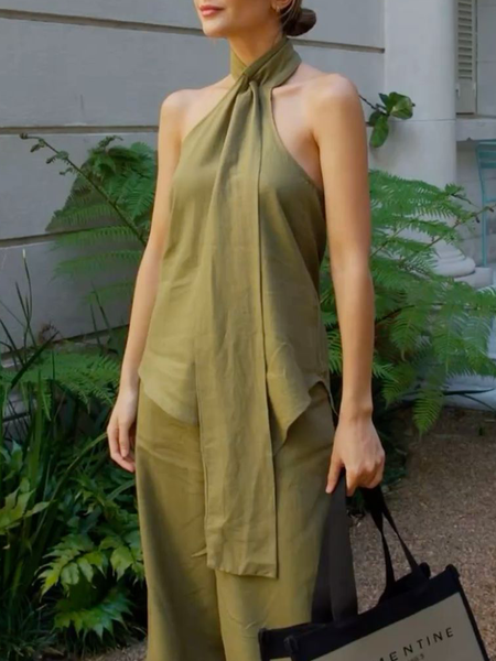Cotton And Linen Vacation Plain Lace-up Halter Tank Top, Green, Tanks and Camis