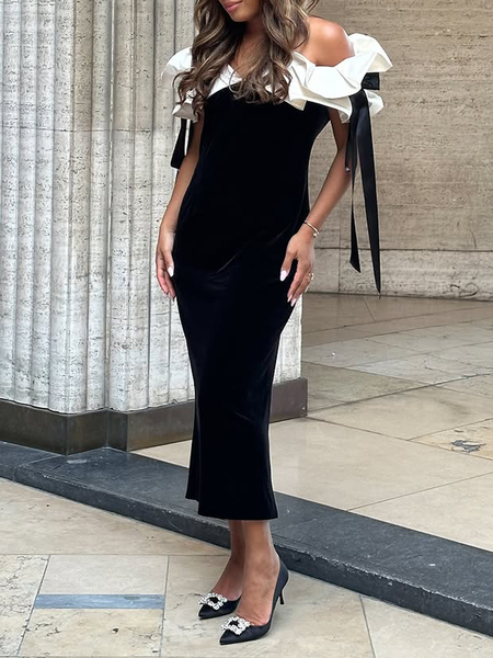 

Elegant Plain Peplum Off The Shoulder Midi Dress, Black, Midi Dresses