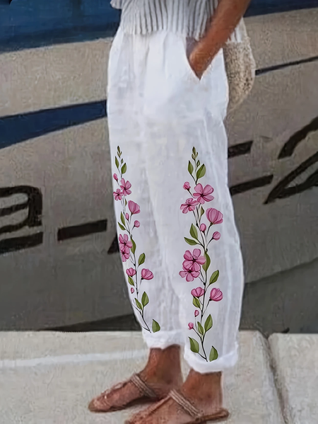 

Women's Floral Print Casual Pants, White, Pants