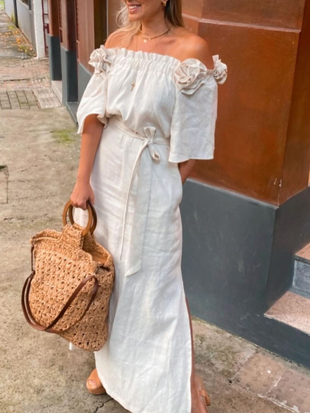 Cotton And Linen Urban Plain 3D Floral Off The Shoulder Maxi Dress With Belt, Off white, Maxi Dresses
