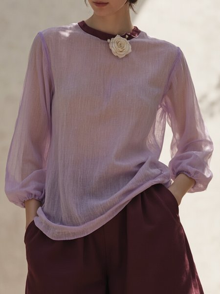 Cotton And Linen Urban Plain 3D Floral Crew Neck Blouse, Light purple, Blouses and Shirts