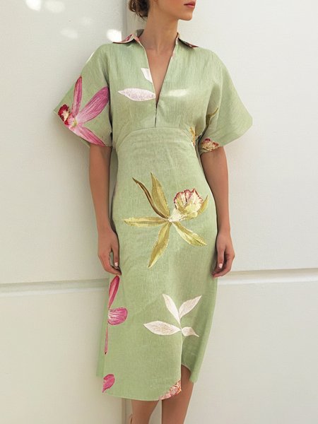 

Vacation Floral Raglan Sleeves Printing V Neck Midi Dress, Green, Midi Dresses
