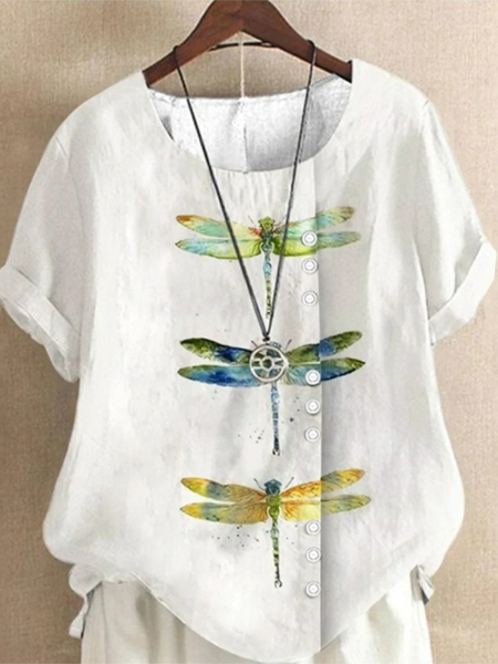 

Elegant Crew Neck Dragonfly Blouse, White, Blouses & Shirts