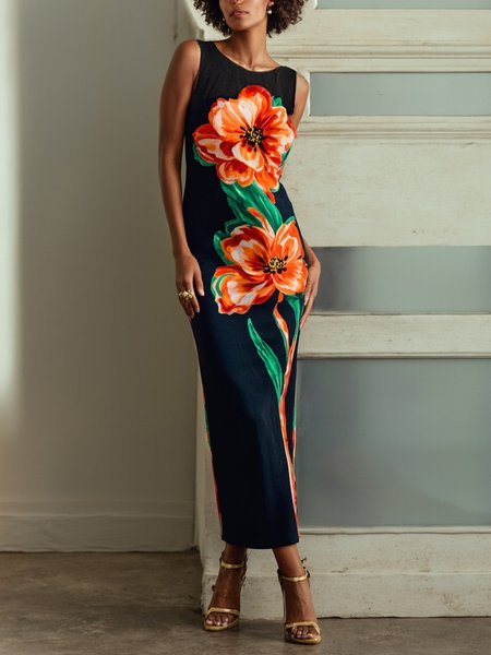 

Casual Floral Printing Crew Neck Maxi Dress, As picture, Maxi Dresses