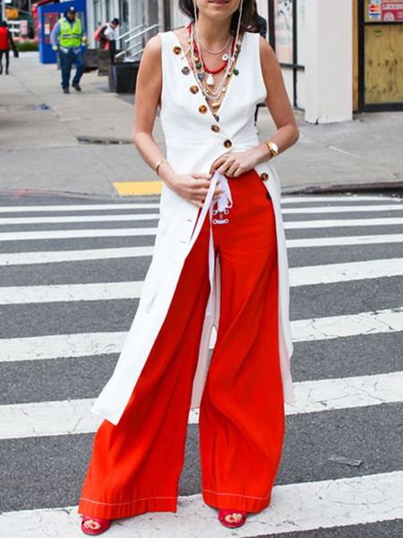 

Urban Plain Slit V Neck Tank Top, White, Tanks and Camis