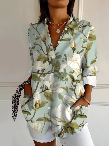Casual Floral Art Print Long Sleeve Cotton Comfy Shirt For Women, Green, Shirts