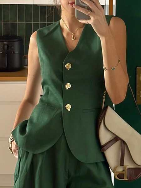 

Urban Buttoned Plain V Neck Vest, Green, Vests and Gilets