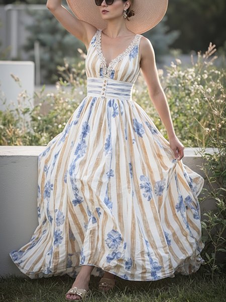 Vacation Elegant Floral Printing Lace Edge V Neck Maxi Dress, As picture, Maxi Dresses