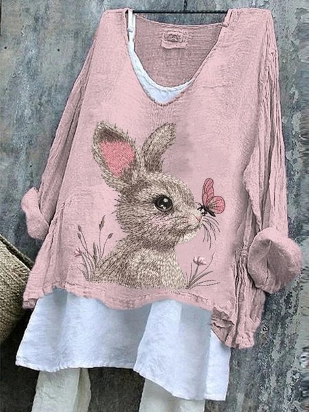 

Vintage Easter (rabbit) V Neck Long Sleeve T-shirt, Pink, T-shirts