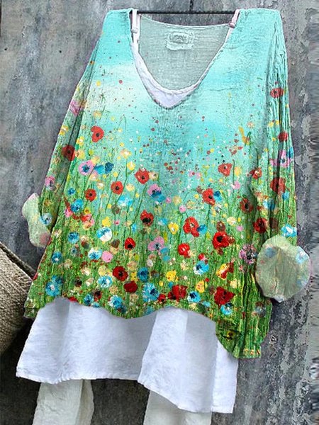 

Vintage Floral V Neck Long Sleeve T-shirt, As picture, T-shirts