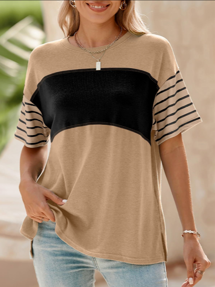 

Women Striped Short Sleeve Tee T-shirt Crew Neck Casual Summer Top, Khaki, T-Shirts