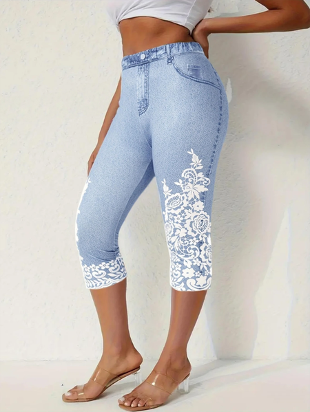 

Casual 3D Printing Capris Elastic Waist Pant, White-blue, Leggings