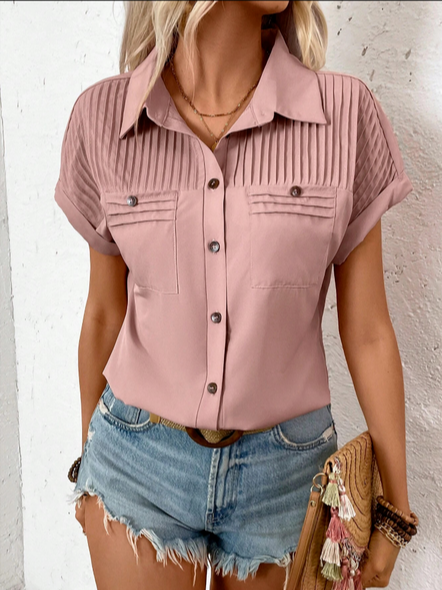 

Women Plain Short Sleeve Tee T-shirt Shawl Collar Casual Summer Top, Pink, T-Shirts