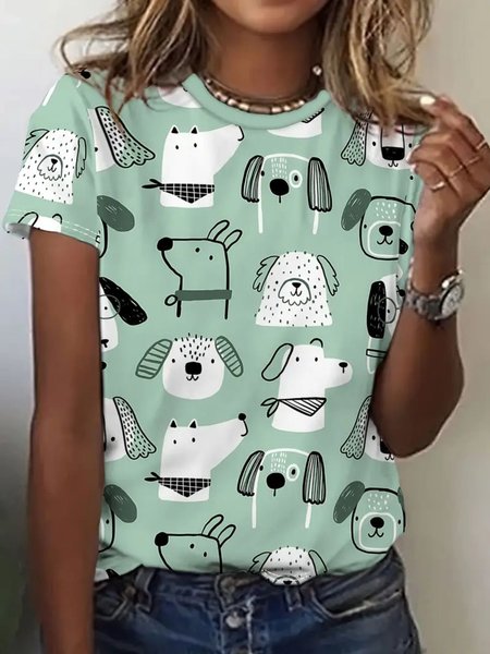 

Vintage Cute Animal Dog Print Crew Neck Short Sleeve Comfy T-shirt, Green, T-shirts