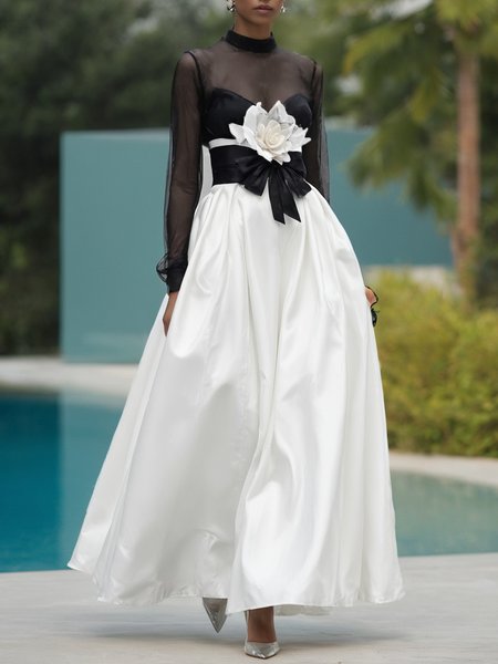 Elegant Color Block 3D Floral Stand Collar Maxi Dress With Belt, As picture, Maxi Dresses