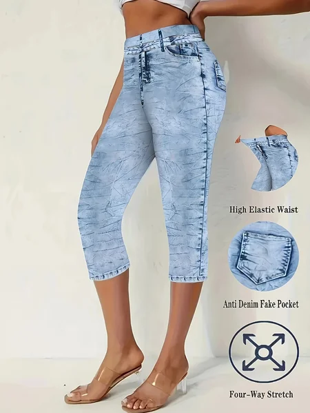 

Casual Faux Denim Print Graphic Capris Elastic Waist Pant, Blue, Leggings