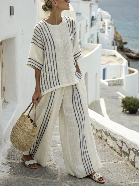 

Cotton Loose Crew Neck Casual Two-Piece Set, Apricot, Suits